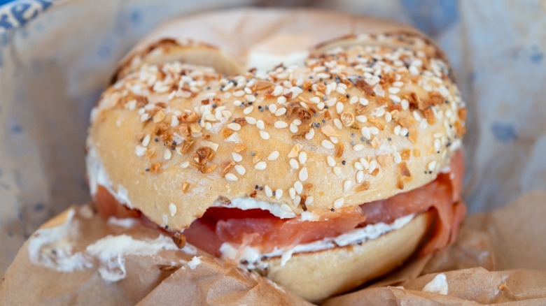 Everything bagel sandwich with cream cheese and lox
