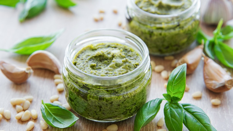 jar of pesto on table