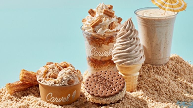 Carvel churro ice cream cup, cone, sandwich, and shake