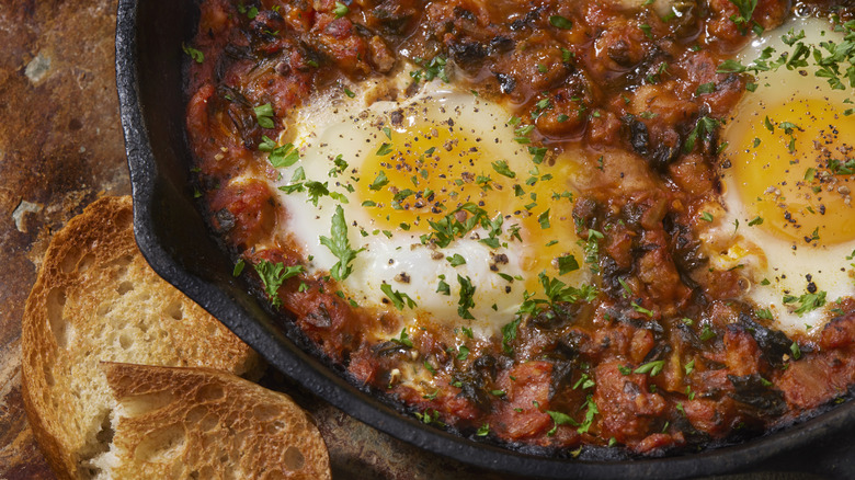 tomato eggs dish in cast iron skillet