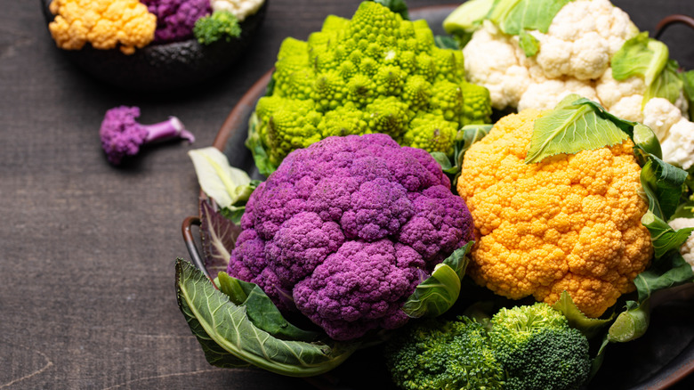 Multicolor cauliflower florets in a bowl