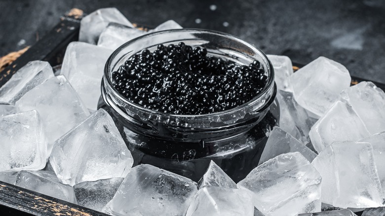 Black caviar chilled on ice