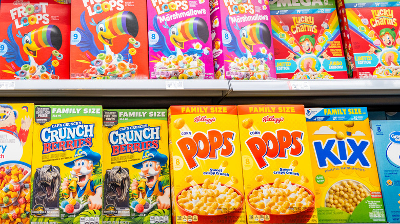 Variety of breakfast cereals on store shelf