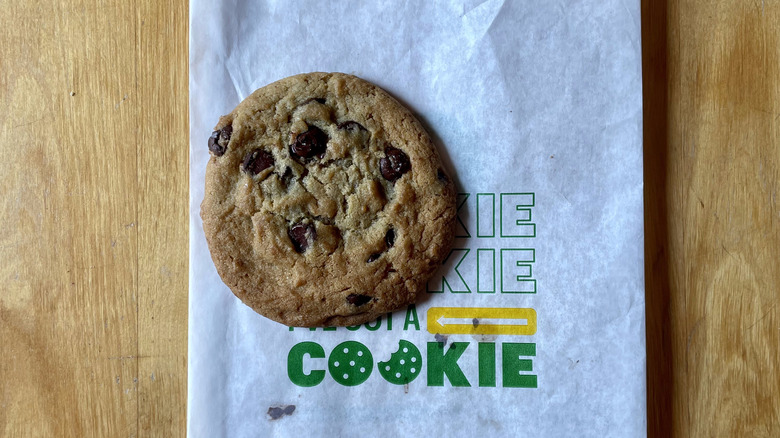 Chocolate chip cookie on subway bag