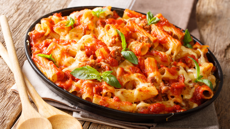 Baked ziti in a pan