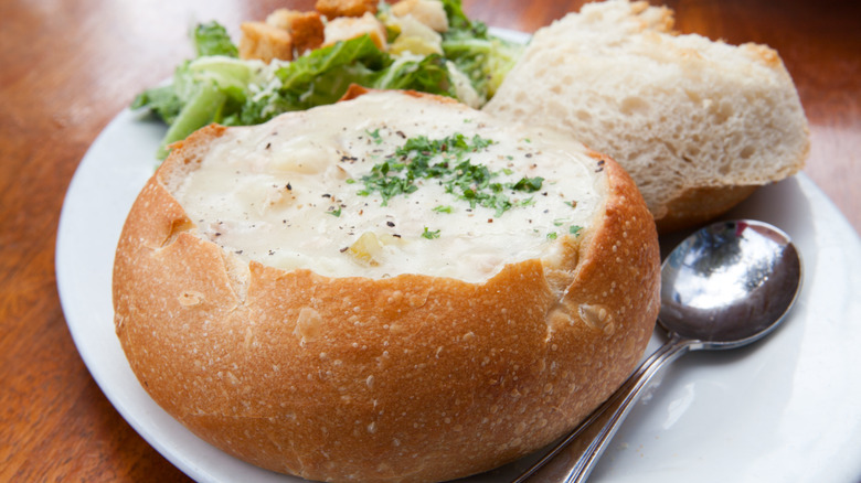 Clam chowder in bread bowl