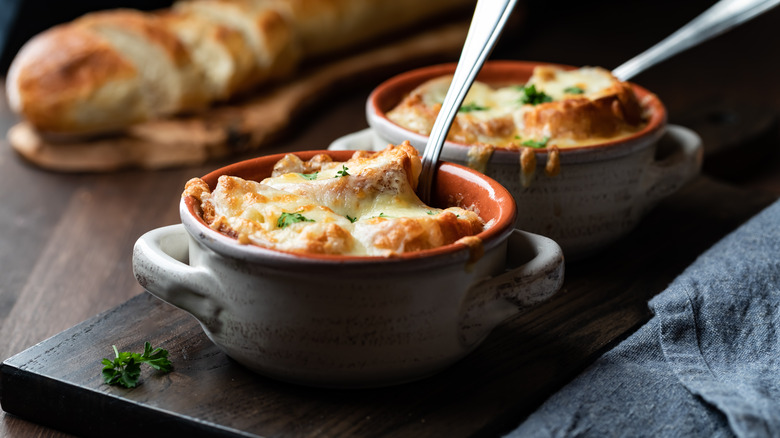 crocks of French onion soup
