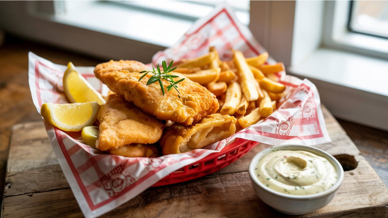 Restaurant fish and chips basket