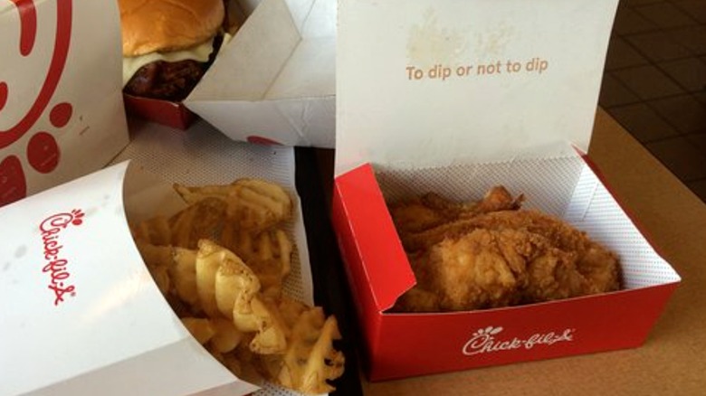 Chick-fil-A chicken strips with a side order of waffle fries