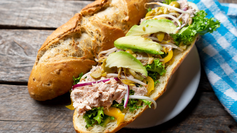 An open sliced tuna sub sandwich