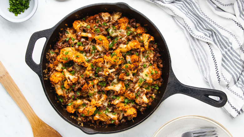 Beef and cauliflower casserole in skillet