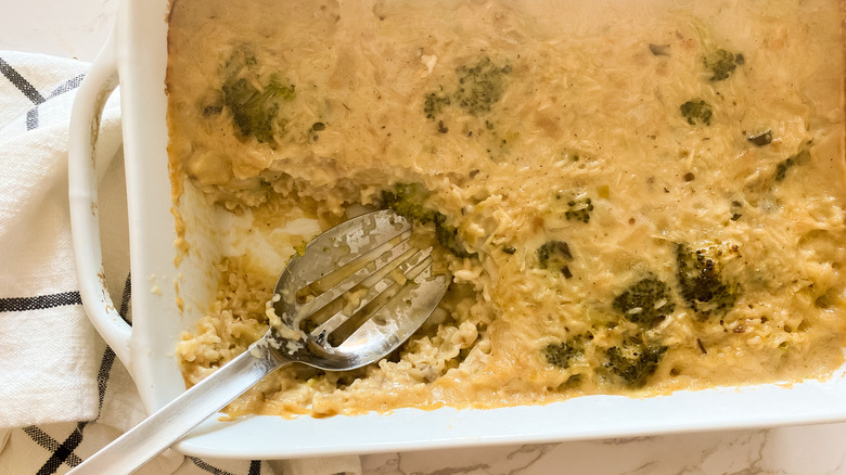 A serving of Cheesy Broccoli Rice Casserole on a plate