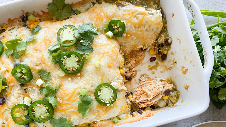 cheesy burrito casserole in dish 