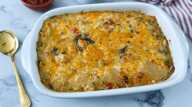 chicken casserole in white pan