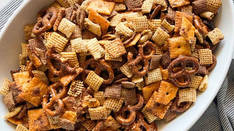 serving dish of Chex mix