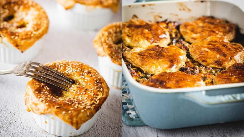 chicken pot pies in ramekins and baking tray