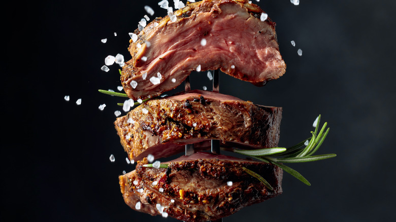Cuts of steak with leaf sprigs and salt