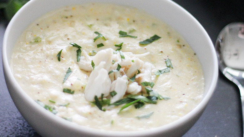 crab soup in white bowl