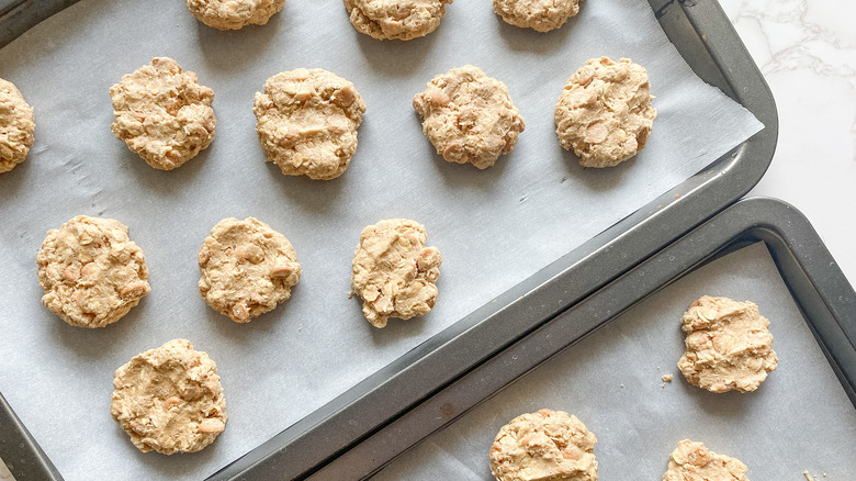 Chewy Oatmeal Scotchies on baking sheet 