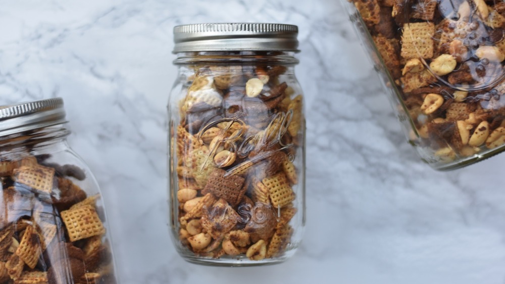 Chex Mix in glass jars
