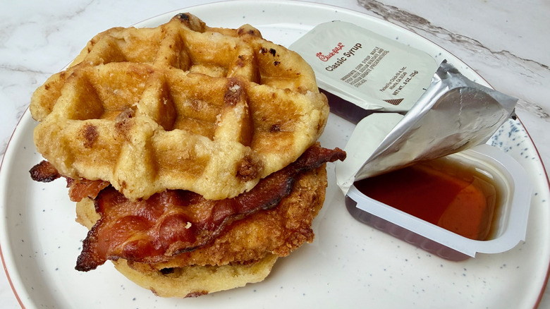 Chicken & Waffles Breakfast Sandwich with Original Filet and a packet of syrup from Chick-fil-A