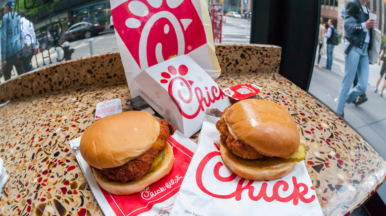 Chick-fil-A sandwiches sitting on table