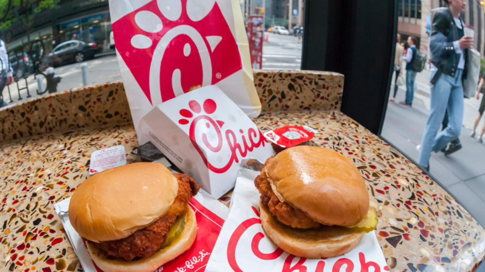 Chick-fil-A chicken sandwiches on a countertop