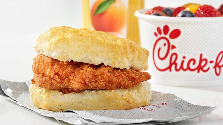 chick-fil-a spicy chicken biscuit orange juice fruit cup