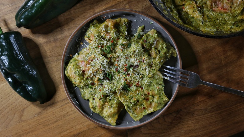 plated of ravioli in green sauce