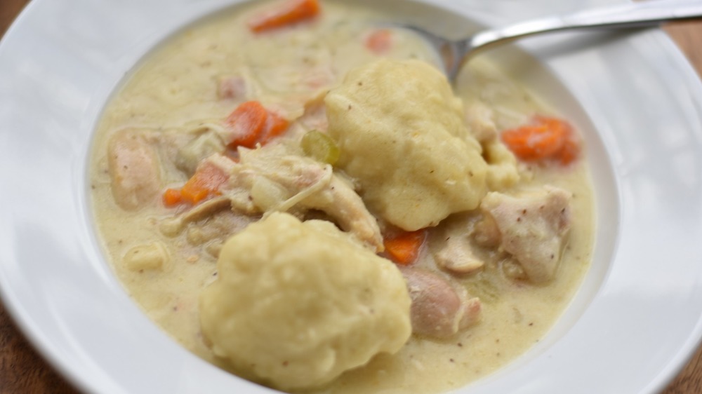 Chicken and dumplings in bowl