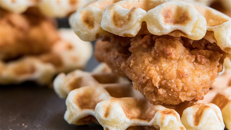 Chicken nuggets inside Belgian waffles