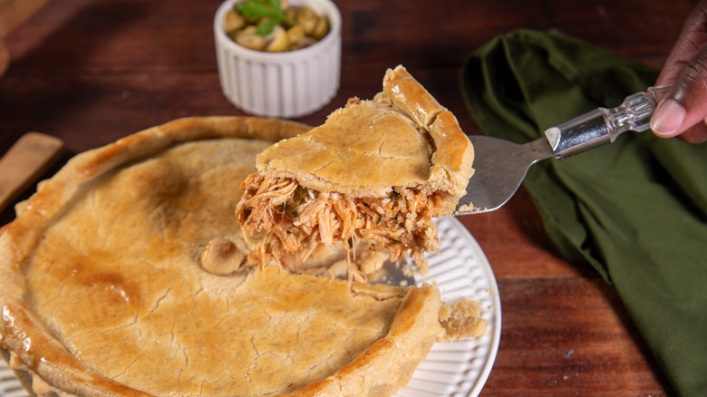 Chicken pie on white plate