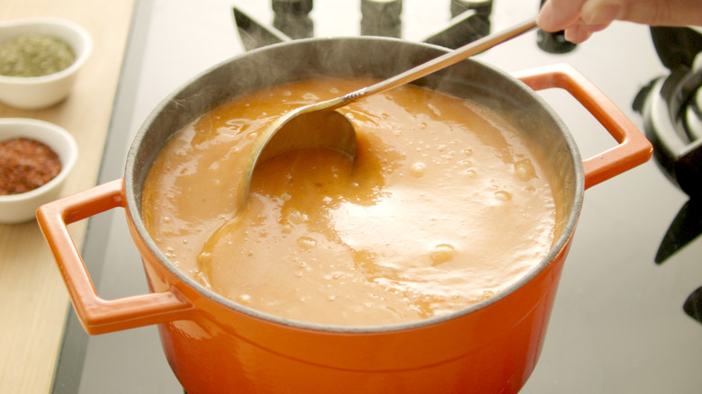 stirring pot of soup with ladle