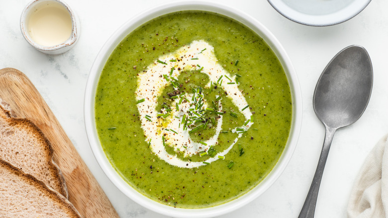 chilled lettuce soup with a swirl of cream
