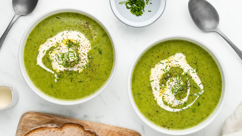 chilled lettuce soup in bowls