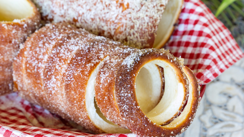 chimney cake on checked napkin