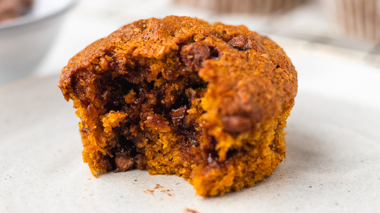 Chocolate chip carrot muffin with bite taken out