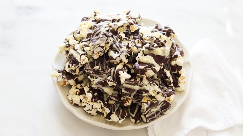 chocolate covered popcorn in bowl 