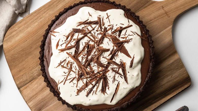 chocolate pie on wooden board