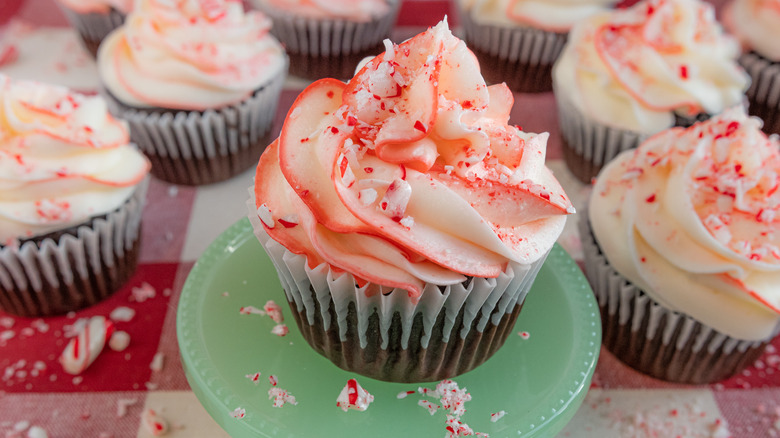 close-up frosted chocolate peppermint cupcake
