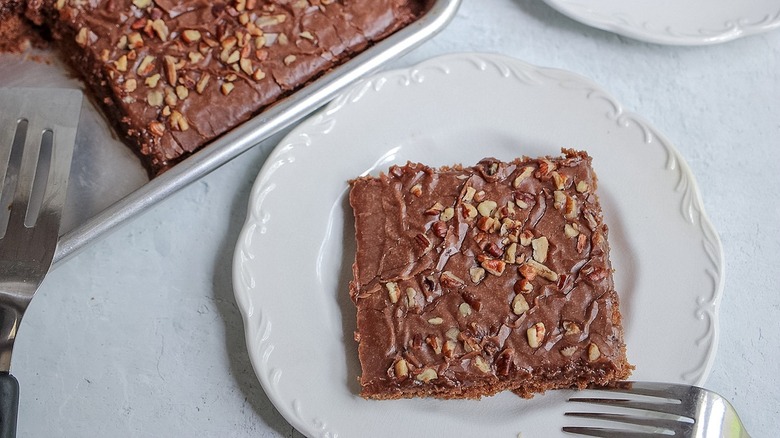 Chocolatey Texas Sheet Cake on plate 