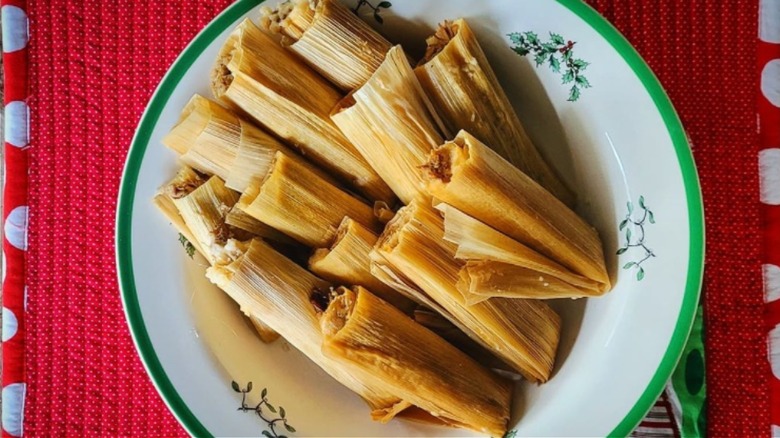 Tamales on Christmas plate