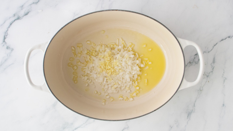 Minced onion, garlic, and oil in large pot