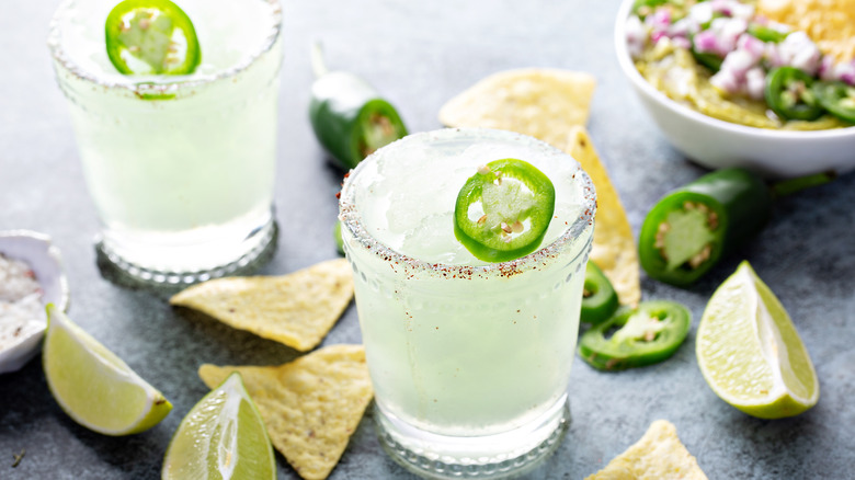 Margaritas with chips in the background