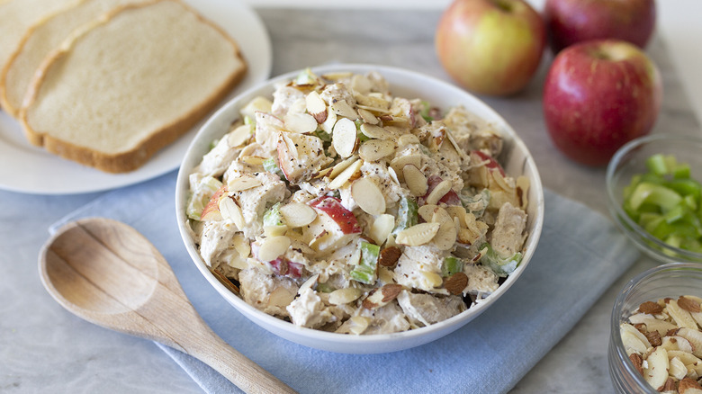 Classic chicken salad recipe with a twist in bowl 