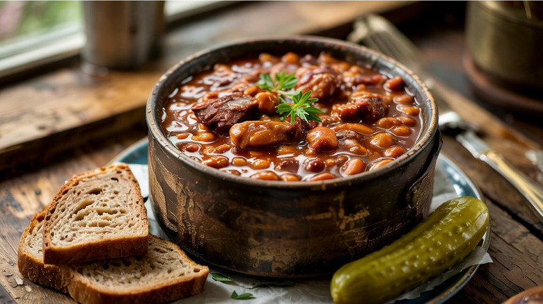 A bowl of boston baked beans that has large chunks of meat in it and garnished with a green, served on a plate with bread and a pickle