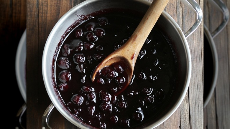 Chokecherries stewed in a pot