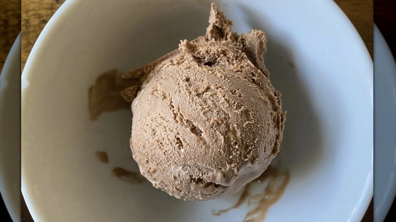 Scoop of chocolate malt ice cream in white bowl