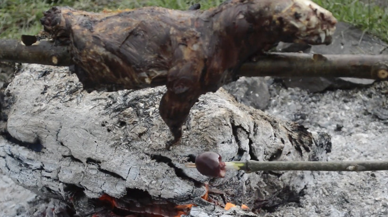 Whole roasted skunk on a skewer