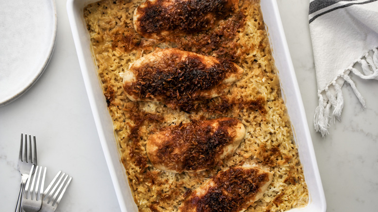 chicken rice casserole in pan